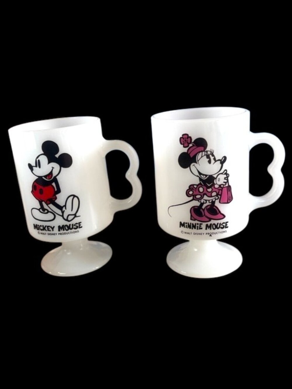 Vintage Disney Mickey & Minnie Mouse Milk Glass Pedestal Mug Set-MINT